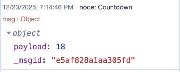 Countdown node output showing remaining time updates