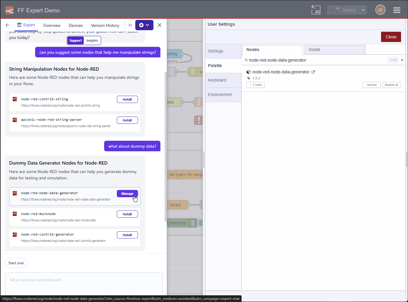 FlowFuse Expert integration with the Palette Manager
