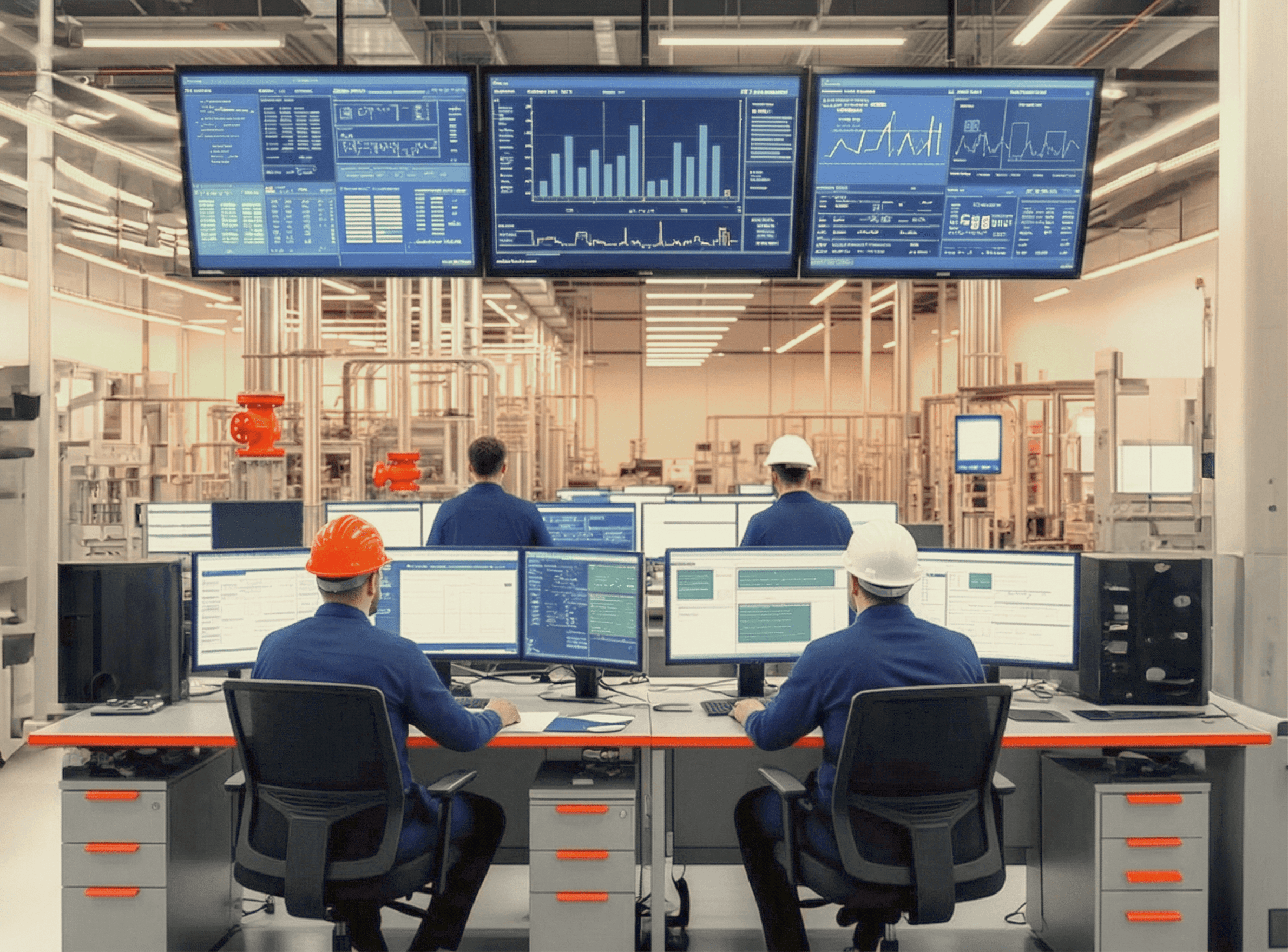 Image of workers on a factory shop floor with desks, computers and dashboards on the screen